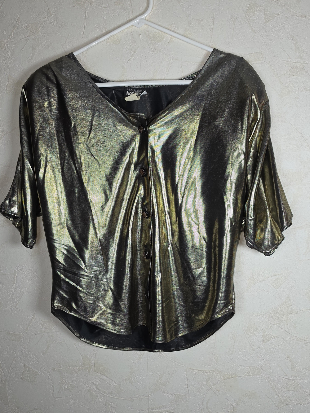 Vtg 80s Metallic Gold Lame Button Up Blouse by Hot Stuff Disco Retro Size Medium
